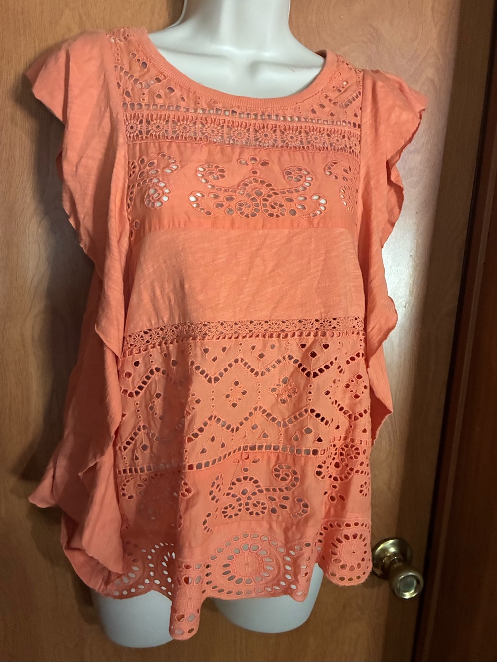 Anthropologie Coral Orange Eyelet Flutter Sleeve Blouse